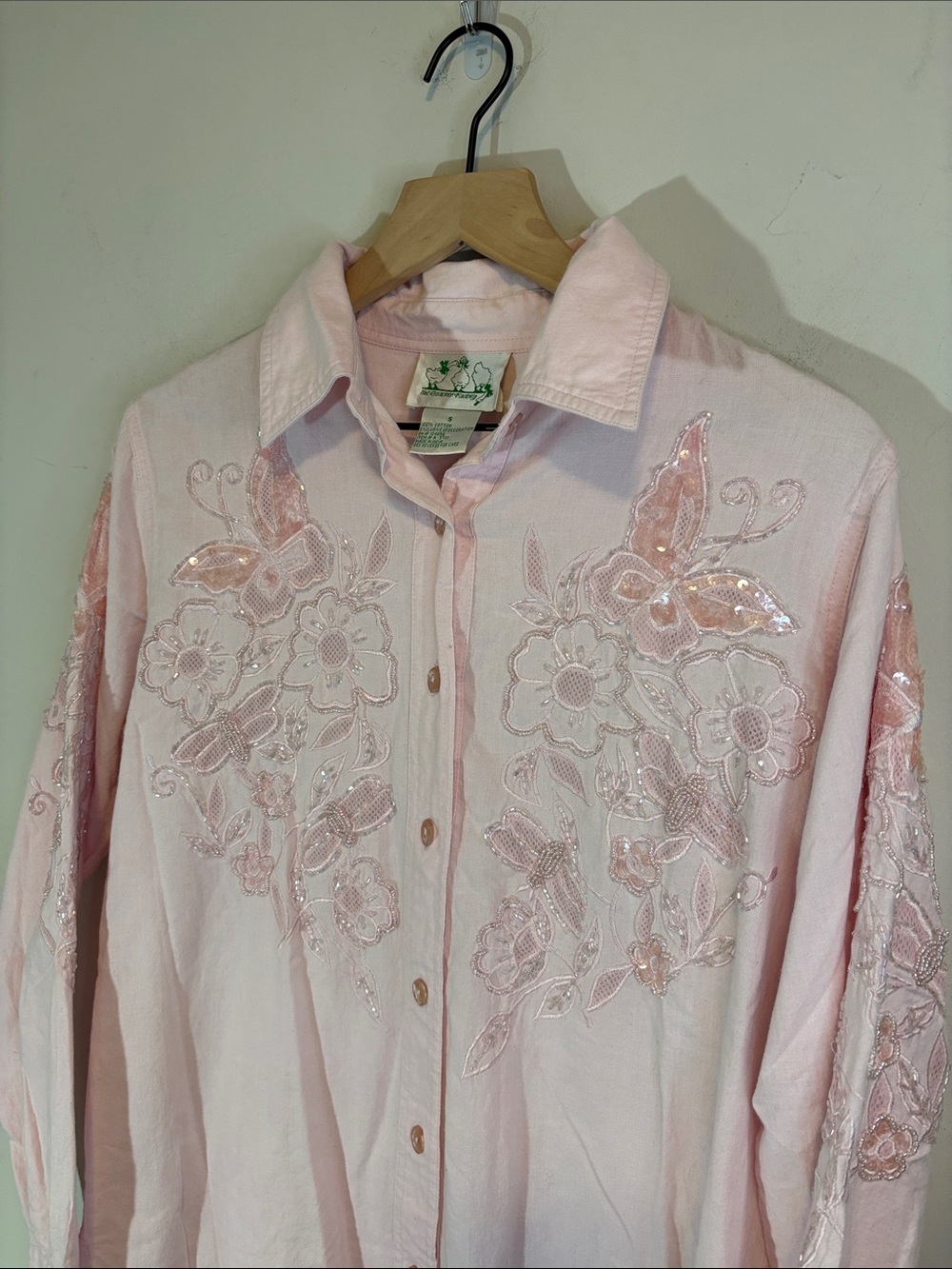 Fairycore Whimsical Butterfly Beading Pale Pink Faerie Button Down 100% Cotton S